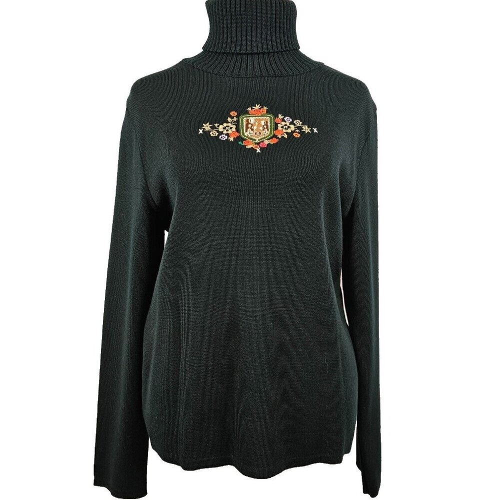 Womens 12 Wool Knit Black Sweater TurtleNeck Euro Chic‎ Scandi Skiwear Apres VTG
